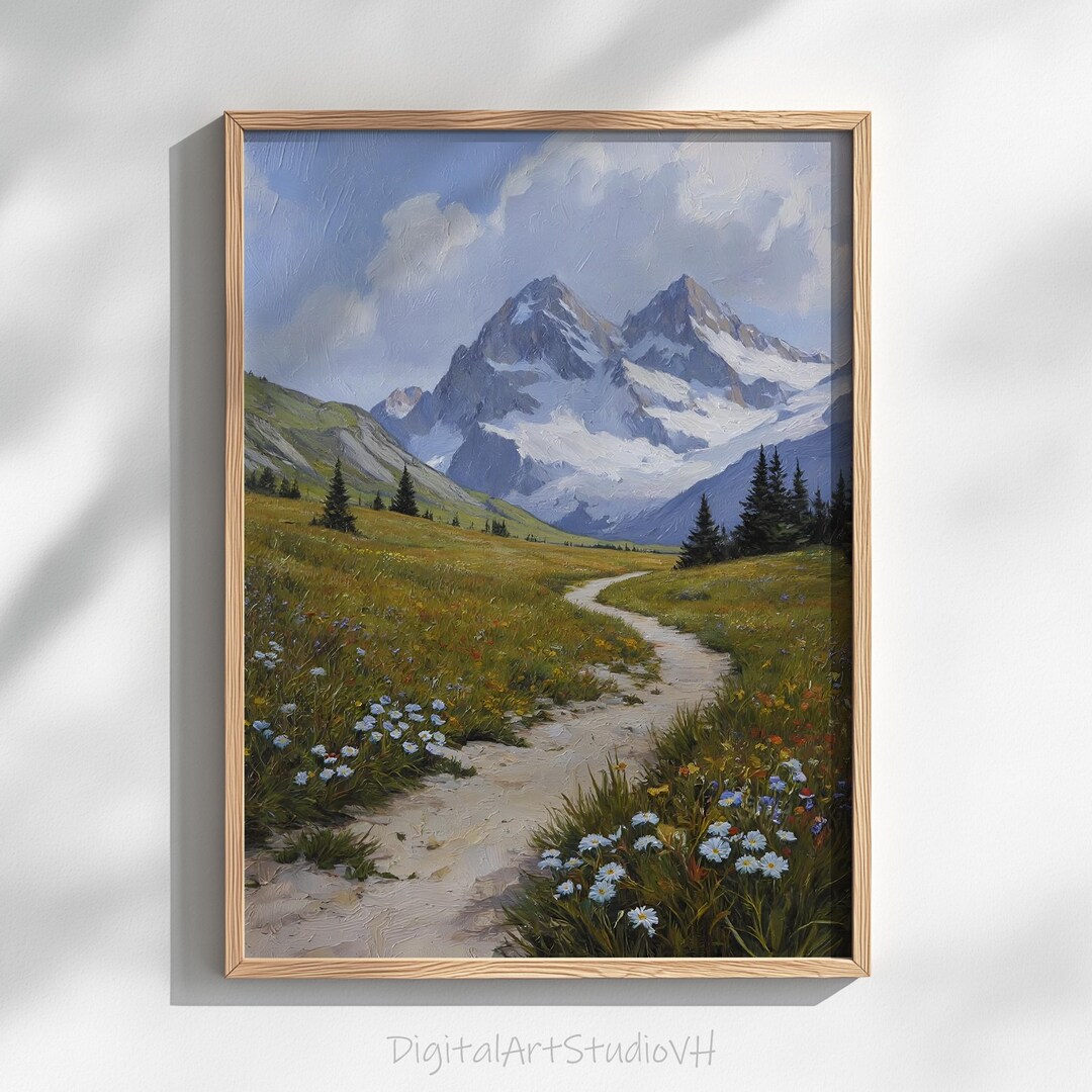 Rustic Alpine Mountain Landscape, Serene Cottagecore Pathway, Snow ...