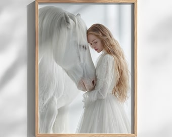 Woman and White Horse Art Print - Dreamlike Fairytale (Digital Download)