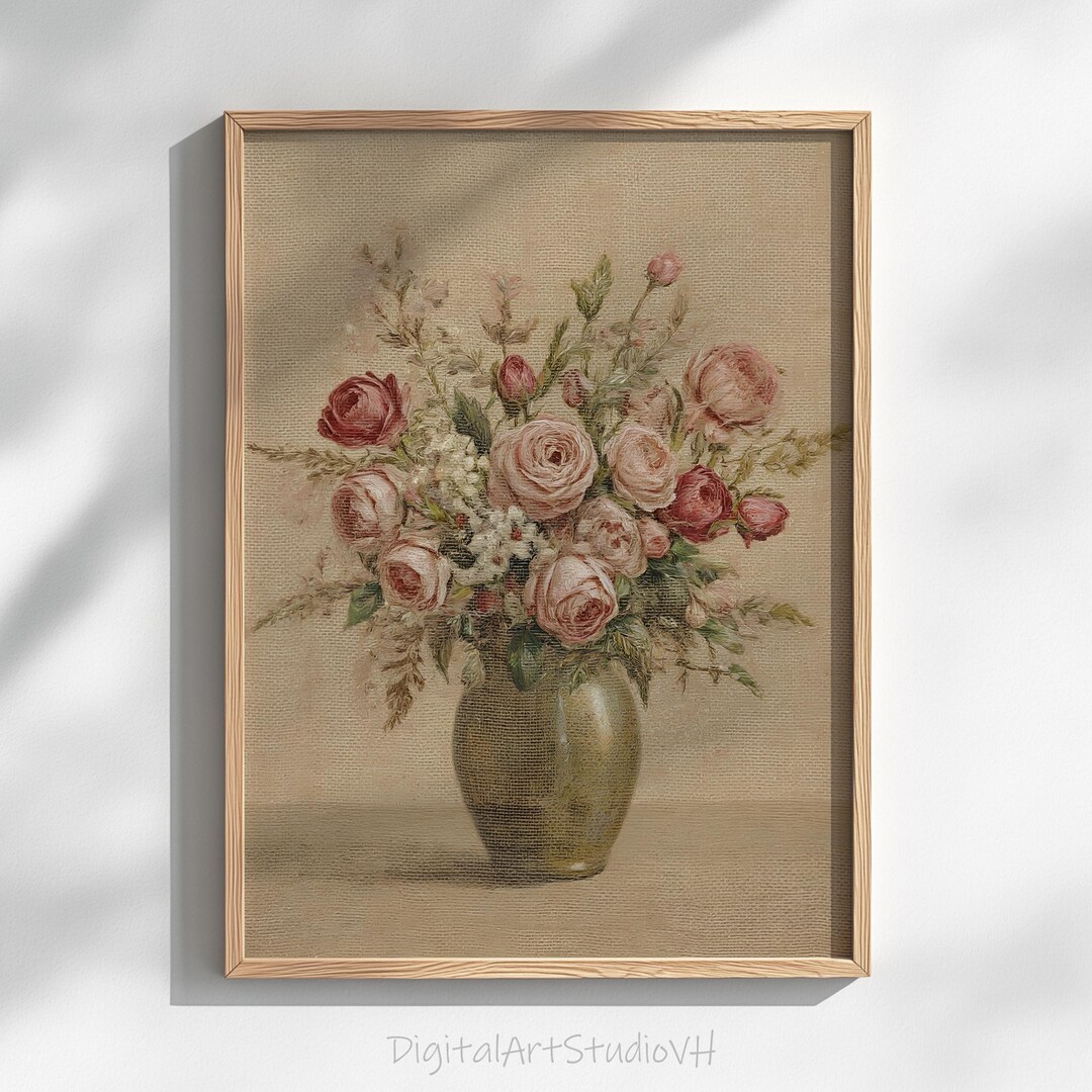 Vintage Roses Bouquet Printable - Romantic Cottagecore Wall Art, Soft ...
