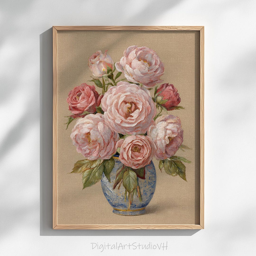 Romantic Cottagecore Floral Printable - Soft Pink Roses in Blue Vase ...