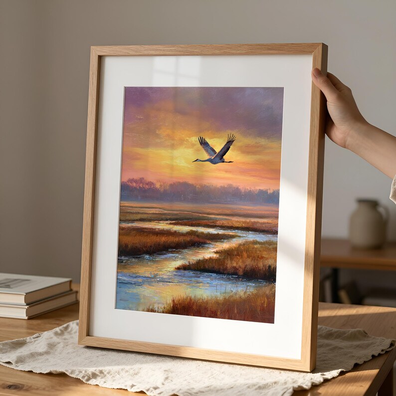 Flying Crane poster for entryway — serene, painterly landscape adorned with warm hues and tranquil coastal reflections at sunset.