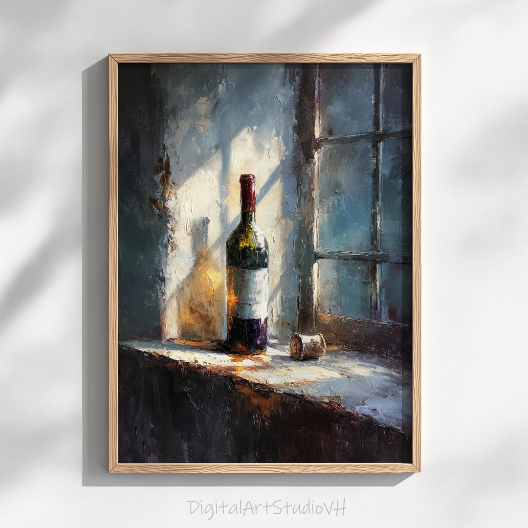 Vintage Wine Bottle Still Life Art Print – Rustic Windowsill Painting ...