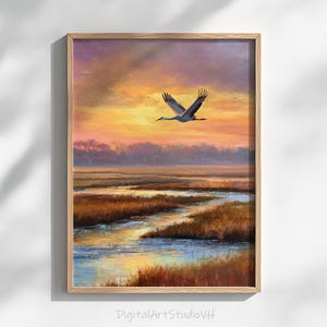 Realistic Sandhill Crane painting for home office — warm, moody nature scene capturing serene skies and reflective waters at dusk.