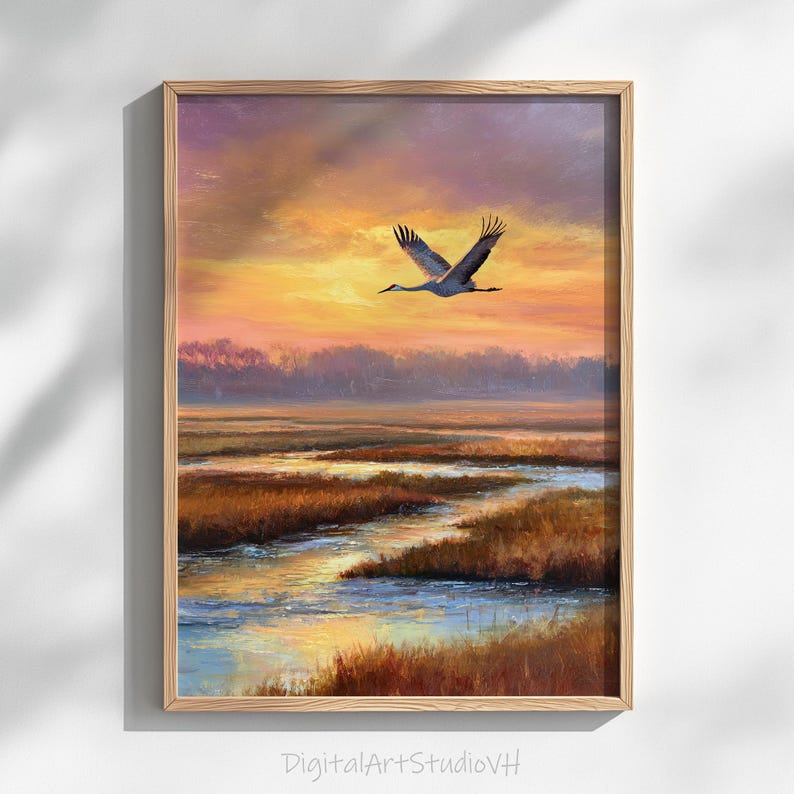 Realistic Sandhill Crane painting for home office — warm, moody nature scene capturing serene skies and reflective waters at dusk.