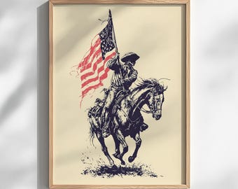 Vintage Cowboy American Flag Art, Rustic Western Print (Digital Download