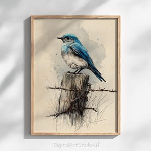 Bluebird Watercolor Print – Rustic Fence Post Illustration (Digital Download