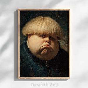 May include: A framed print of a Renaissance-style portrait. The subject is a man with a round face, a neutral expression, and a distinctive blonde bowl-cut hairstyle. He wears a dark blue garment. The frame is a light brown color. The text "DigitalArtStudioVH" is at the bottom.