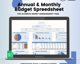 May include: A laptop computer screen displaying a 2024 annual budget spreadsheet with charts and graphs. The spreadsheet is titled "Annual Budget Dashboard" and includes sections for total spending overview, total budget vs actual, income vs expenses, annual summary, monthly breakdown, and how I used my income. The spreadsheet is designed for use with Microsoft Excel or Google Sheets. The laptop is on a blue and white background with the text "Sharath Finance" in the upper right corner.