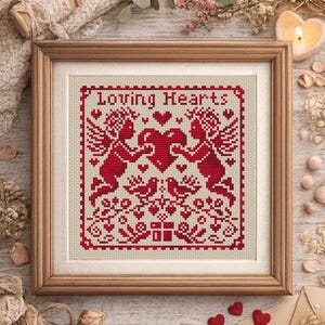 Loving Hearts Valentine Cross Stitch Pattern PDF Folk Sampler Red Heart Design SAGA