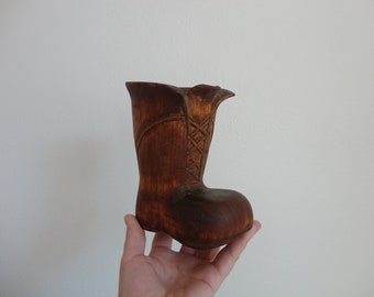 VINTAGE 1970s handcrafted hand carved WOODEN BOOT - folk art wooden boot - air plant holder - writing utensil storage holder - dated 78