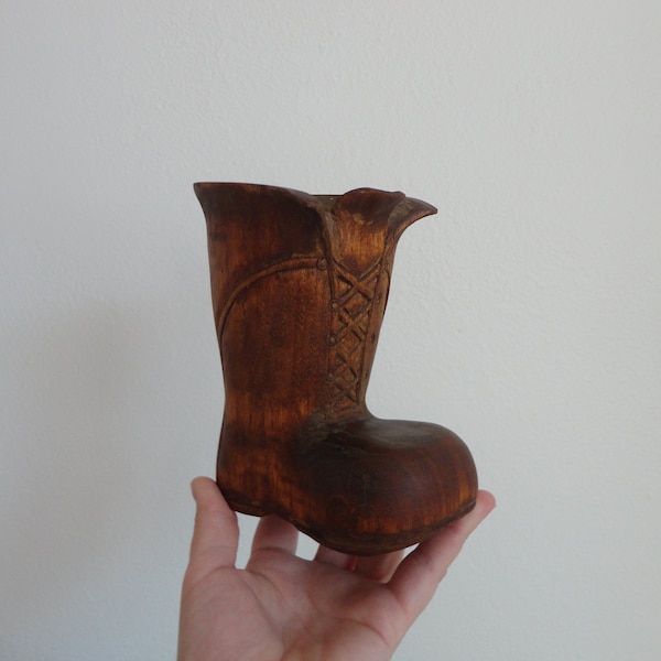 VINTAGE 1970s handcrafted hand carved WOODEN BOOT - folk art wooden boot - air plant holder - writing utensil storage holder - dated 78