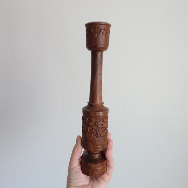 VINTAGE carved wood CANDLEstick HOLDER - floral foliage decor - natural | rustic | boho decor - india wood candle holder - as found