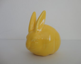 VINTAGE yellow ceramic BUNNY rabbit cotton holder - easter decor - vintage bunny rabbit decor - yellow decor - please read description