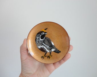 VINTAGE enamel on copper QUAIL PLATE - vintage bird decor - decorative quail tray - mid century bird plate tray - please read description