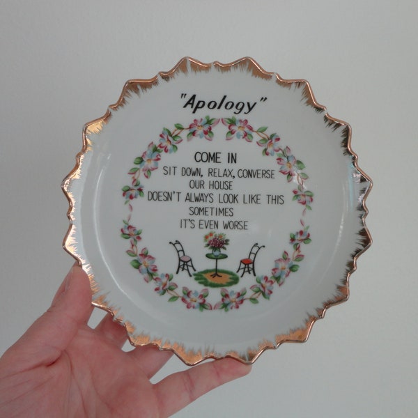 VINTAGE decorative WALL hanging PLATE - housewarming gift - 'apology...our house doesn't always look like this...' - please read listing