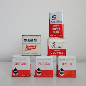 VINTAGE collection of 6 SPICE TINS - tone's | schilling | french's spice tins - instant collection - rustic farmhouse kitchen decor