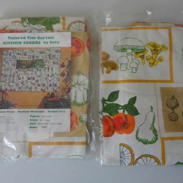 VINTAGE new old stock nos fruit and vegetable CURTAINS - 60" w x 36" l - 100 percent cotton - two packages available - sold separately