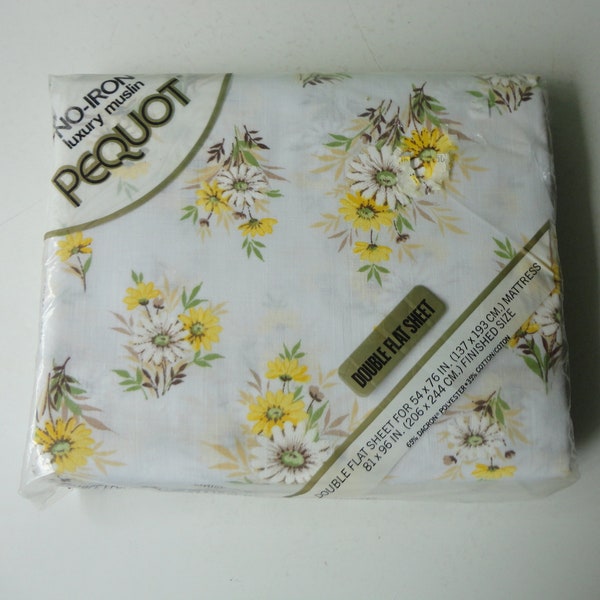 VINTAGE pequot DOUBLE flat SHEET - nos original package - daisy-like floral pattern - white browns yellow floral - no iron luxury muslin