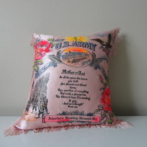 VINTAGE mid century U.S. ARMY PILLOW - Aberdeen Proving Ground, Md. - gift from son to mom and dad - 1940s world war 2 era pillow - as found