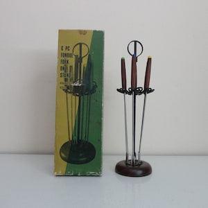 VINTAGE midcentury 6 piece FONDUE FORK on stand set - Fred Roberts fondue fork set - made in japan - with original box - stainless steel set