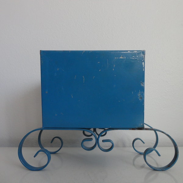 VINTAGE blue metal pedestal PLANTER BOX - indoor outdoor planter box - cache pot box - porch patio decorative planter box - as found