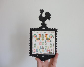 VINTAGE ROOSTER themed cast iron TRIVET - 'god bless our home' - enesco imports japan - kitsch | farmhouse decor - please read listing