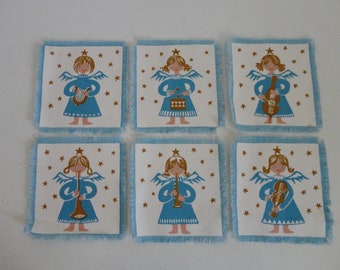 VINTAGE set of 6 CHRISTMAS angel fabric cocktail NAPKINS - mcm danish style christmas decor - mid century christmsa angel decor - as found