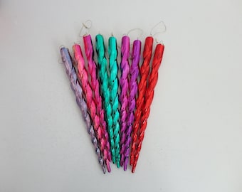 VINTAGE collection of 9 jewel toned plastic ICICLE ORNAMENTS - purple | pink | red | green ornaments - 12 inch icicles - as found