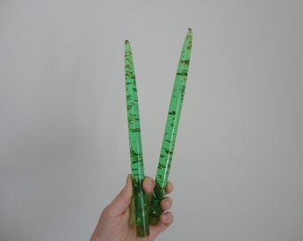 VINTAGE 1960s pair of green LUCITE gold flake taper CANDLES - decorative faux candle - do not burn - mid century decor - please read listing