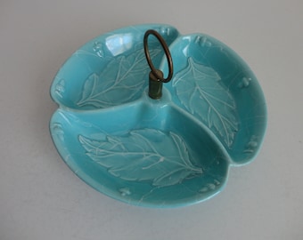 VINTAGE mid century aqua blue ceramic divided serving DISH - 1950s aqua blue ceramic dish - caddy style serving dish - usa pottery