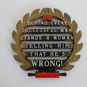 VINTAGE 1960s humorous METAL TRIVET - &#39;behind every successful man&#39;... - funny gag gift - couples gift - please read item description