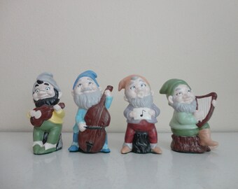 VINTAGE collection of 4 ceramic GNOME knick knack FIGURINES - indoor gnome figurine - retro gnome decor - musical gnome - instant collection