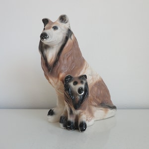 VINTAGE chalkware plaster COLLIE dogs BANK - vintage chalkware bank - brown and white mama and puppy collie - collie collectible - as found
