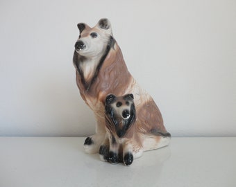 VINTAGE chalkware plaster COLLIE dogs BANK - vintage chalkware bank - brown and white mama and puppy collie - collie collectible - as found