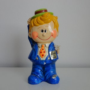 VINTAGE 60s / 70s man in suit COIN BANK - &#39;just a diamond in the rough savings bank&#39; - mache composite coin bank - enesco japan - as found
