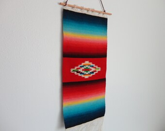 VINTAGE saltillo serape weaving WALL hanging DECOR - southwest | boho decor - ombre blues reds - colorful | rainbow wall decor - as found