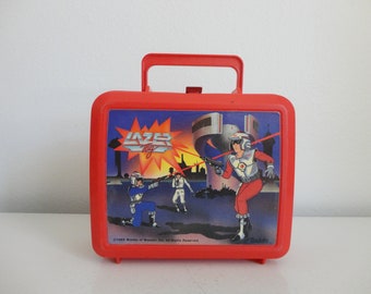 VINTAGE 80s red plastic ALADDIN LUNCHBOX - lazer tag (c) 1986 Worlds of Wonder, Inc. - 1980s 80s memorabilia - missing thermos - as found