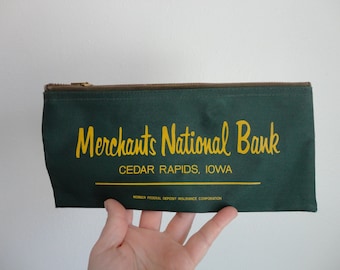 VINTAGE green bank DEPOSIT BAG - Merchants National Bank Cedar Rapids, Iowa - money | cash | coin bag - clutch bag - please read listing