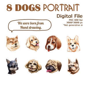 8 Cutest Dog Breeds portrait head, hand painted Illustration clipart, digital file for commercial use.