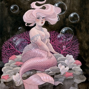 Pink and Pearls Mermaid print - 5x7 or 8x10 or 11x14