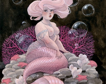 Pink and Pearls Mermaid print - 5x7 or 8x10 or 11x14