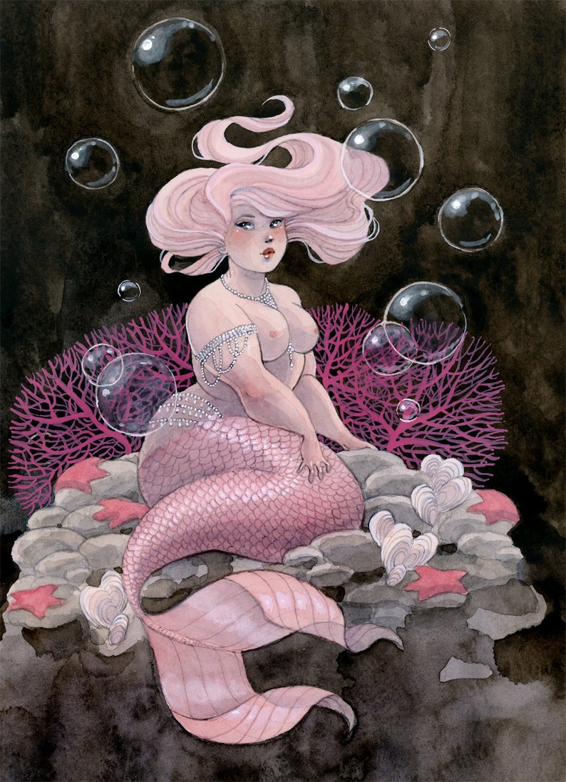 Pink and Pearls Mermaid print 5x7 or 8x10 or 11x14 image 1