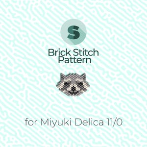 May include: Brick stitch pattern for a raccoon face, using Miyuki Delica 11/0 beads. The pattern is shown in a digital format.