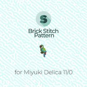 Puede incluir: Patrón de punto de ladrillo para un loro verde y azul, diseñado para cuentas Miyuki Delica 11/0.