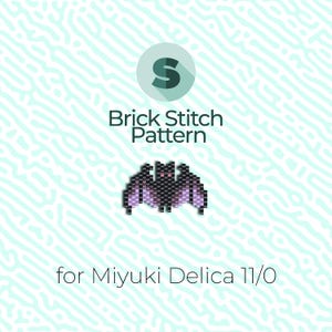 Pode incluir: Um padrão de ponto de tijolo para um morcego, usando contas Miyuki Delica 11/0. O morcego é preto com asas roxas.