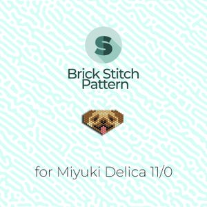 May include: A digital pattern for brick stitch beadwork featuring a dog's face. The design is in shades of brown, tan, and pink, with the text "Brick Stitch Pattern" and "for Miyuki Delica 11/0" on a light blue background.