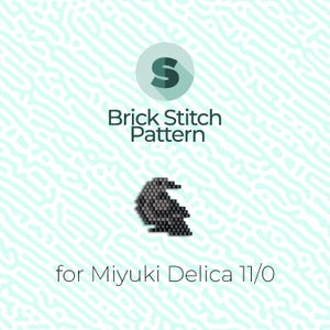 May include: A black and grey brick stitch pattern for a crow, designed for Miyuki Delica 11/0 beads. The pattern is shown on a white background with a teal circle containing the letter "S" and the text "Brick Stitch Pattern".