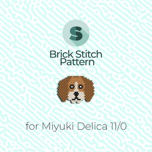 Op de afbeelding: Baksteen steekpatroon voor een hondenkop, met behulp van Miyuki Delica 11/0 kralen. De hond is bruin en wit met een zwarte neus.