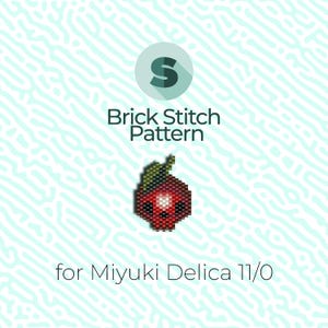 May include: Brick stitch pattern for a red skull with a green leaf, for Miyuki Delica 11/0 beads.
