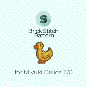May include: A brick stitch pattern for a yellow rubber ducky, using Miyuki Delica 11/0 beads. The pattern is labeled "Brick Stitch Pattern" and "for Miyuki Delica 11/0".